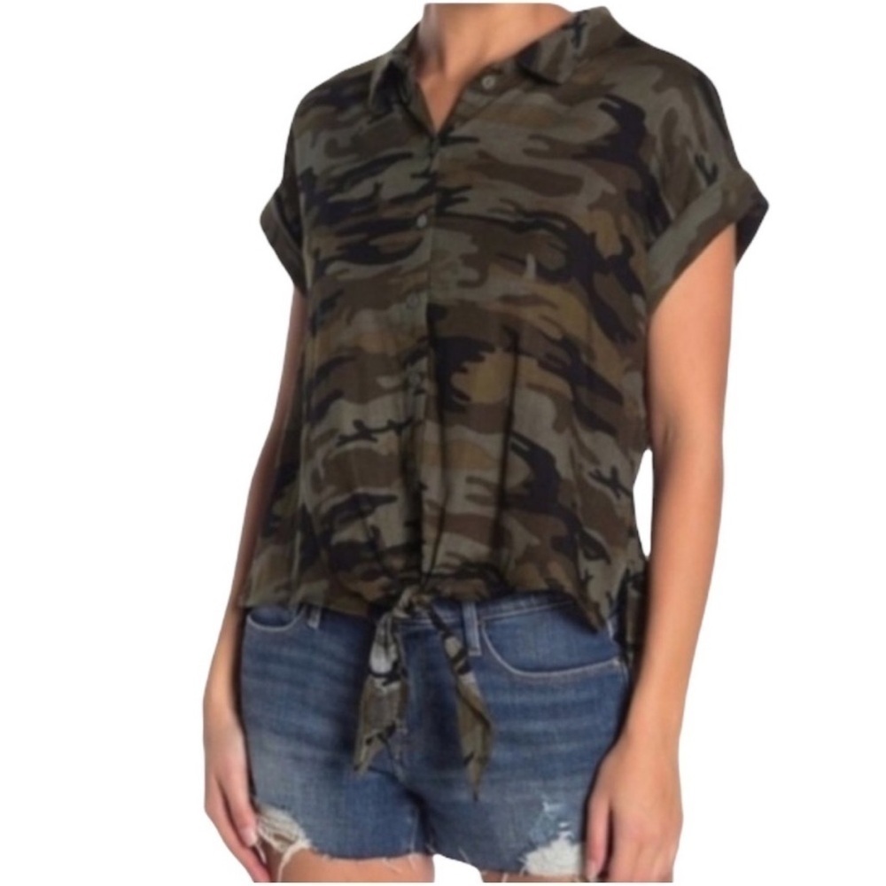 Sanctuary Women's 100% Cotton Tie Front Camo Top Size Large